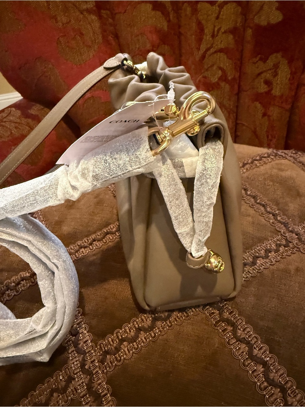 COACH Taupe Gathered Leather Shoulder Bag with Gold Logo - Picture 5 of 10